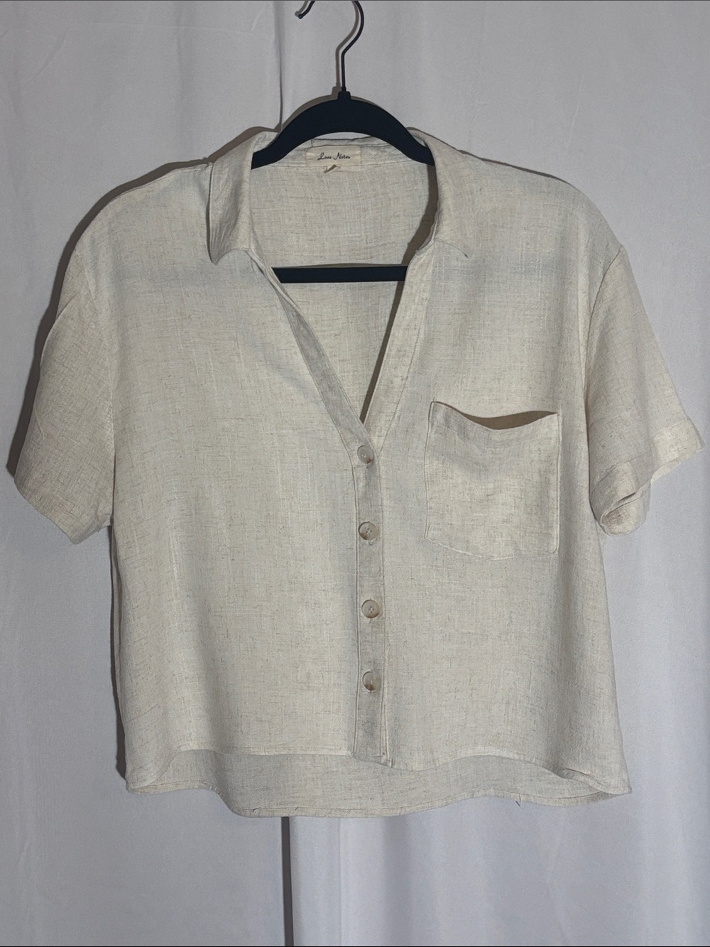 Love Notes Cropped Linen-Blend Short Sleeve Button Up Shirt - NWOT Size L